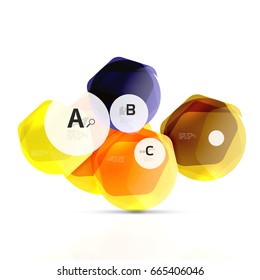 Hexagones brillantes con opciones de infografía aisladas en blanco. Pancarta geométrica abstracta