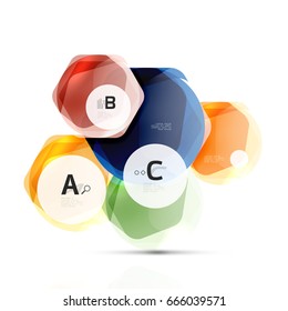 Shiny hexagons with infographics options isolated on white. Abstract geometrical banner