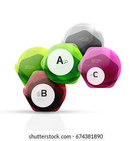 Hexagones brillantes con opciones de infografía aisladas en blanco. Pancarta geométrica abstracta