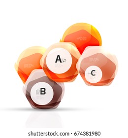 Hexagones brillantes con opciones de infografía aisladas en blanco. Pancarta geométrica abstracta
