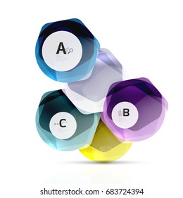 Shiny hexagons with infographics options isolated on white. Abstract geometrical banner