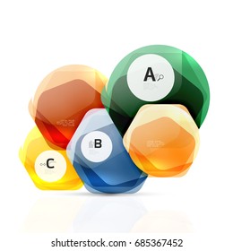 Hexagones brillantes con opciones de infografía aisladas en blanco. Pancarta geométrica abstracta