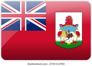 Ícone vetorial brilhante e de alta qualidade da bandeira das Bermudas. Apresenta a bandeira vermelha britânica com o Union Jack e o brasão de armas das Bermudas, representando um leão e um naufrágio