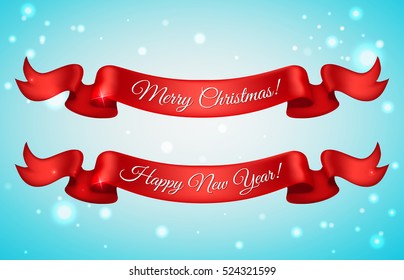 Shiny Holiday Happy New Year And Merry Christmas Red Satin Ribbon Bow On Snow Background. Vector Illustration