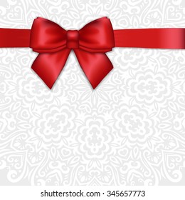 Shiny holiday red satin ribbon bow on white lacy ornamental  background. Vector template for greetings, invitations, cards