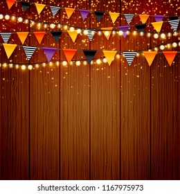 Shiny Holiday Vector Wood Background With Colorful Party Flags Bunting And Lights For Halloween, Thanksgiving Day, Christmas Or New Year Eve Designs