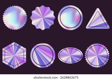 Shiny holographic empty labels or stickers in different shapes. Vector geometric trendy metal backgrounds. Abstract glossy icons, design elements set