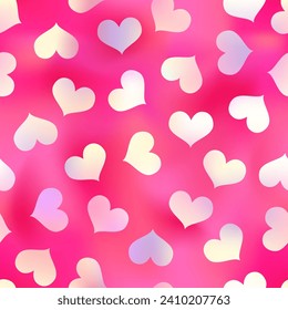Brillantes corazones holográficos patrón sin fisuras. Impresión cardiaca vectorial iridiscente sobre fondo de gradiente rojo. Textura de fondo del Día de San Valentín romántico mágico para decoración, saludo, diseño de boda