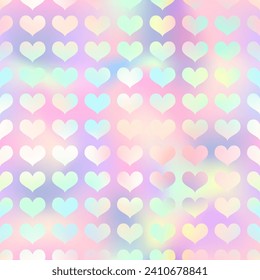 Shiny holographic hearts seamless pattern. Vector iridescent heart print on rainbow gradient background. Magic romantic Valentines Day backdrop texture for decoration, greeting, wedding design