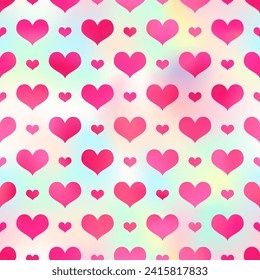 Shiny holographic hearts seamless pattern. Vector red heart print on rainbow gradient background. Magic romantic Valentines Day backdrop texture for decoration, greeting, wedding design.