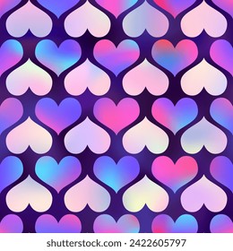 Shiny holographic hearts seamless pattern. Vector iridescent neon heart print on violet background. Magic romantic Valentines Day backdrop gradient texture for decoration, greeting, wedding.