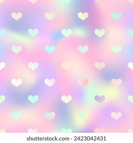 Brillantes corazones holográficos patrón sin fisuras. Impresión cardiaca vectorial iridiscente sobre fondo gradiente de arcoiris pastel. Textura de fondo del Día de San Valentín romántico mágico para decoración, saludo, diseño de boda