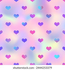 Patrón sin fisuras de corazones holográficos brillantes. Impresión de corazón iridiscente rosa Vector sobre fondo degradado arcoíris pastel. Textura romántica del telón de fondo del día de San Valentín para la decoración, saludo, diseño de la boda