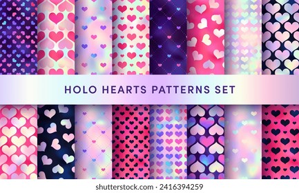Shiny holographic hearts seamless patterns set. Vector iridescent heart print on rainbow gradient background. Pink, violet, red and black Valentines Day backdrop textures for decoration, design.