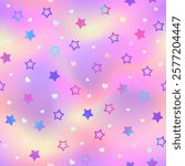 Shiny holographic stars and hearts seamless pattern. Vector iridescent print on pink gradient background. Romantic Valentines Day backdrop texture for decoration, greeting, wedding design, wrapping.