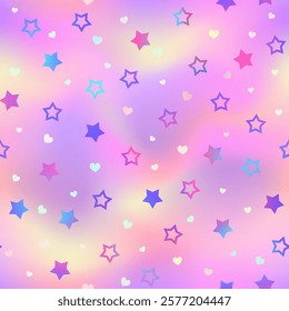 Shiny holographic stars and hearts seamless pattern. Vector iridescent print on pink gradient background. Romantic Valentines Day backdrop texture for decoration, greeting, wedding design, wrapping.