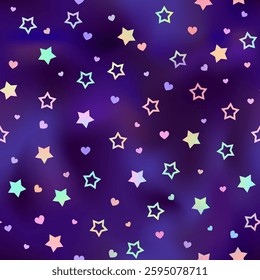 Shiny holographic stars and hearts seamless pattern. Vector iridescent print on dark violet gradient background. Romantic abstract backdrop texture for decor, greeting, design, wrapping, wallpaper.