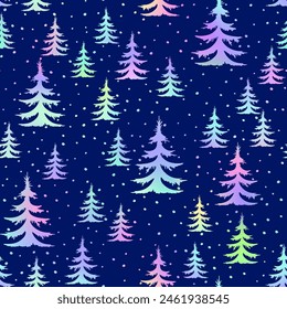 Shiny holographic winter forest Scandinavian seamless pattern. Vector foil New Year print, Christmas tree background, frozen spruce dark blue texture with fir tree for paper, fabric, decor, gift wrap.