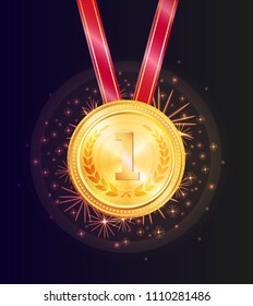 Shiny honorable gold medal for first place win. Prize outstanding achievements in sport. Award with sparkles hang on ribbon vector illustration.