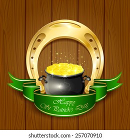 Shiny horseshoe and pot with leprechauns golden coins on wooden background, illustration.