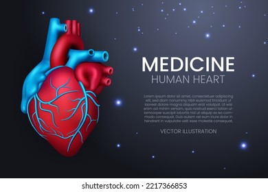 Shiny Human Heart, Landing Page background, Realistic 3D Vector Illustration