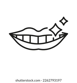 Shiny Human Smile Line Icon. Healthy Sparkle Mouth with Teeth Linear Pictogram. Beauty Lips and White Teeth. Dentistry Outline Symbol. Dental Treatment. Editable Stroke. Isolated Vector Illustration.