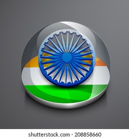 Shiny icon with Asoka Wheel and national tricolors on grey background for 15th of August, Indian Independence Day celebrations. 