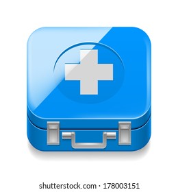 Shiny icon of blue first-aid kit on white background
