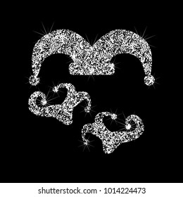 A shiny icon of a buffoon's cap and shoes. Effect of diamond. Transparent silver jewelry sign. Sparkling icon of the clown symbol. Silhouettes of jeweler hats of a jester and shoes with bells.