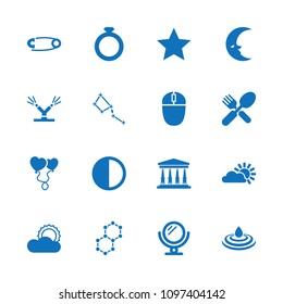 Shiny icon. collection of 16 shiny filled icons such as mirror, ring, fork and spoon, heart balloons, sun, brightness. editable shiny icons for web and mobile.