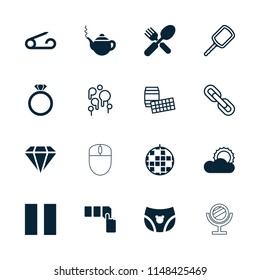 Shiny icon. collection of 16 shiny filled and outline icons such as pin, teapot, push button, disco ball, fork and spoon, sun, mirror. editable shiny icons for web and mobile.