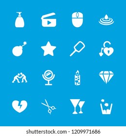 Shiny icon. collection of 16 shiny filled icons such as mirror, explosion, star, candle, heart lock, medical scissors, judo. editable shiny icons for web and mobile.