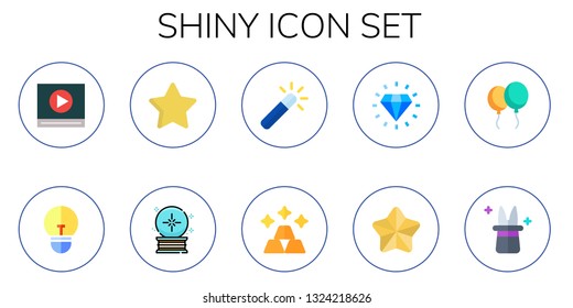 shiny icon set. 10 flat shiny icons.  Collection Of - video play, light, star, crystal ball, magic wand, gold, diamond, balloons, magician