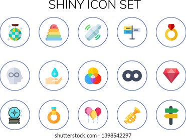 shiny icon set. 15 flat shiny icons.  Simple modern icons about  - disco ball, infinity, rings, wash, Shaker, rgb, signs, ring, diamond, crystal ball, diamond ring, balloons, trumpet