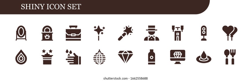 shiny icon set. 18 filled shiny icons.  Simple modern icons such as: Mirror, Tinned food, Case, Wand, Magic wand, Magician, Semaphore, Traffic light, Balloons, Drop, Magic, Wash