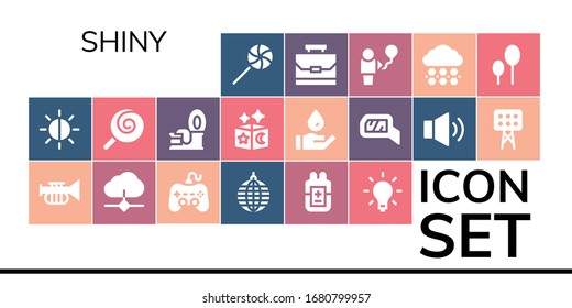 shiny icon set. 19 filled shiny icons.  Simple modern icons such as: Lollipop, Brightness, Trumpet, Cloud, Play, Mirror ball, Blood, Light, Tin, Magic, Wash, Mirror, Volume, Lights