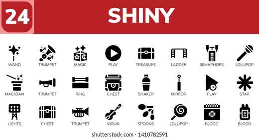 shiny icon set. 24 filled shiny icons.  Collection Of - Wand, Trumpet, Magic, Play, Treasure, Ladder, Semaphore, Lollipop, Magician, Ring, Chest, Shaker, Mirror, Star, Lights