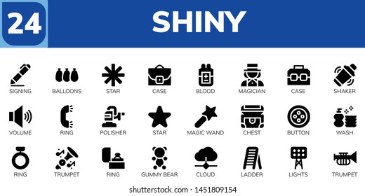 shiny icon set. 24 filled shiny icons.  Collection Of - Signing, Balloons, Star, Case, Blood, Magician, Shaker, Volume, Ring, Polisher, Magic wand, Chest, Button, Wash, Trumpet