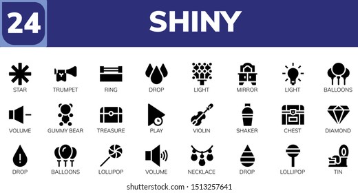 shiny icon set. 24 filled shiny icons.  Collection Of - Star, Trumpet, Ring, Drop, Light, Mirror, Balloons, Volume, Gummy bear, Treasure, Play, Violin, Shaker, Chest, Diamond icons