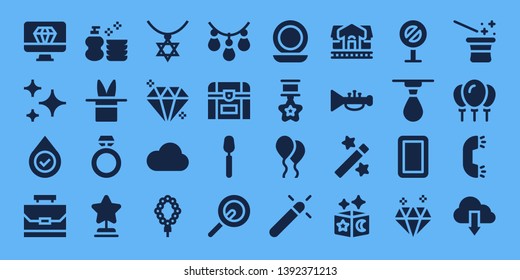shiny icon set. 32 filled shiny icons. on blue background style Simple modern icons about  - Diamond, Stars, Blood, Case, Wash, Magic, Ring, Star, Necklace, Gem, Cloud, Chest