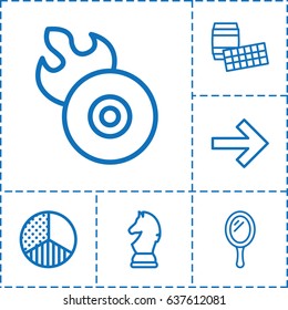 Shiny icon. set of 6 shiny outline icons such as mirror, disc flame, brightness, chess horse, forward