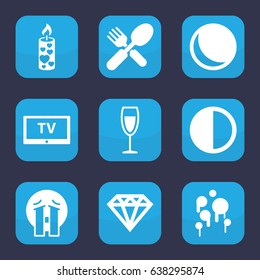 Shiny icon. set of 9 filled shiny icons such as diamond, crying emoji, fork and spoon, candle, wine glass, brightness, tv, blood