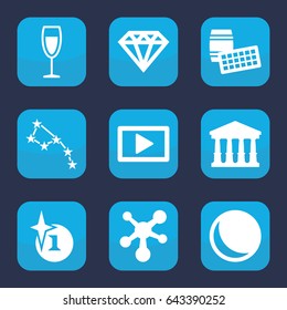 Shiny icon. set of 9 filled shiny icons such as court, diamond, explosion, wine glass, play, atom, lotto, constellation