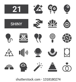 shiny icon set. Collection of 21 filled shiny icons included Rings, Magic wand, Cloud, Mirror, Pearl necklace, Volume, Bolt, Diamond, Lollipop, Balloon, Ring, Drop, Pearl, Blood