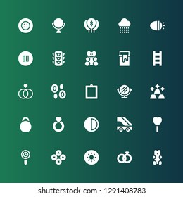 shiny icon set. Collection of 25 filled shiny icons included Gummy bear, Wedding rings, Brightness, Buttons, Lollipop, Ladder, Ring, Kettlebell, Gold, Mirror, Blood, Rings, Paint can