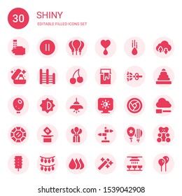 shiny icon set. Collection of 30 filled shiny icons included Wash, Pause, Balloons, Blood, Raindrop, Wedding ring, Ladder, Cherry, Paint can, Earrings, Balloon, Brightness, Light