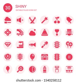 shiny icon set. Collection of 30 filled shiny icons included Cloud, Volume, Lights, Magic wand, Cherry, Buttons, Ladder, Rings, Blood, Diamond, Train station, Trumpet, Sign, Traffic light