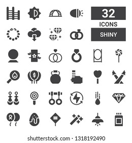 shiny icon set. Collection of 32 filled shiny icons included Paint can, Light, Wand, Sign, Chocolate egg, Balloon, Diamond, Raindrop, Bolt, Rings, Lollipop, Earrings, Lights, Wash