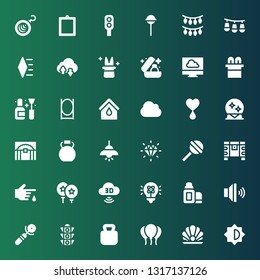 shiny icon set. Collection of 36 filled shiny icons included Brightness, Pearl, Balloons, Kettlebell, Traffic light, Sign, Volume, Lip balm, Light, Computing cloud, Balloon, Blood