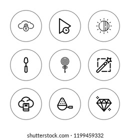 Shiny icon set. collection of 9 outline shiny icons with brightness, cloud, gem, magic wand, lollipop, play icons. editable icons.